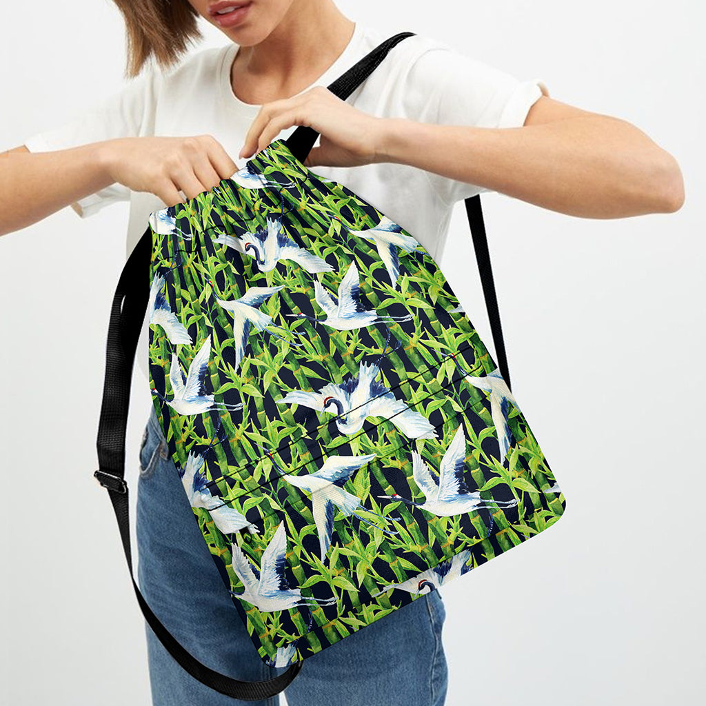 Watercolor Crane Bird Pattern Print Drawstring Backpack
