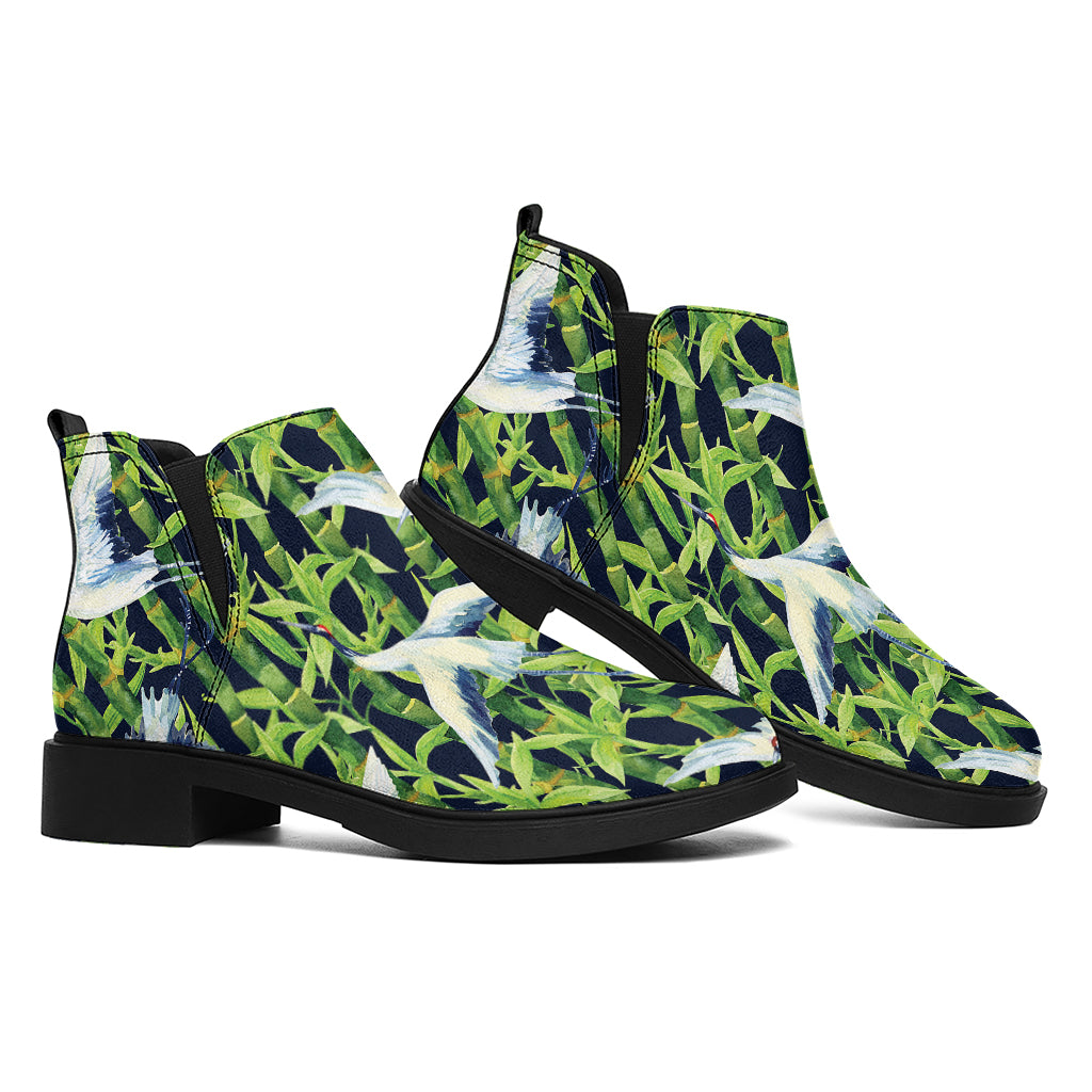 Watercolor Crane Bird Pattern Print Flat Ankle Boots