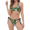 Watercolor Crane Bird Pattern Print Halter Scoop Tie Side Bikini