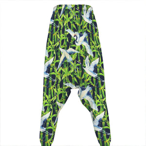 Watercolor Crane Bird Pattern Print Hammer Pants