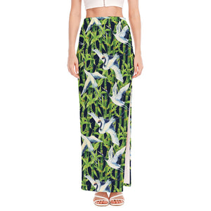 Watercolor Crane Bird Pattern Print High Slit Maxi Skirt