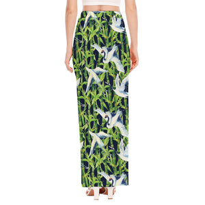 Watercolor Crane Bird Pattern Print High Slit Maxi Skirt