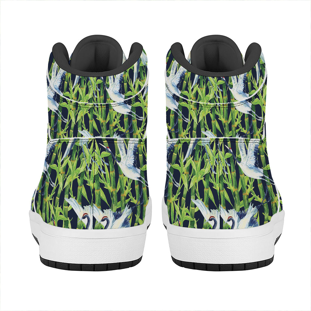 Watercolor Crane Bird Pattern Print High Top Leather Sneakers