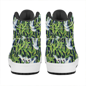 Watercolor Crane Bird Pattern Print High Top Leather Sneakers