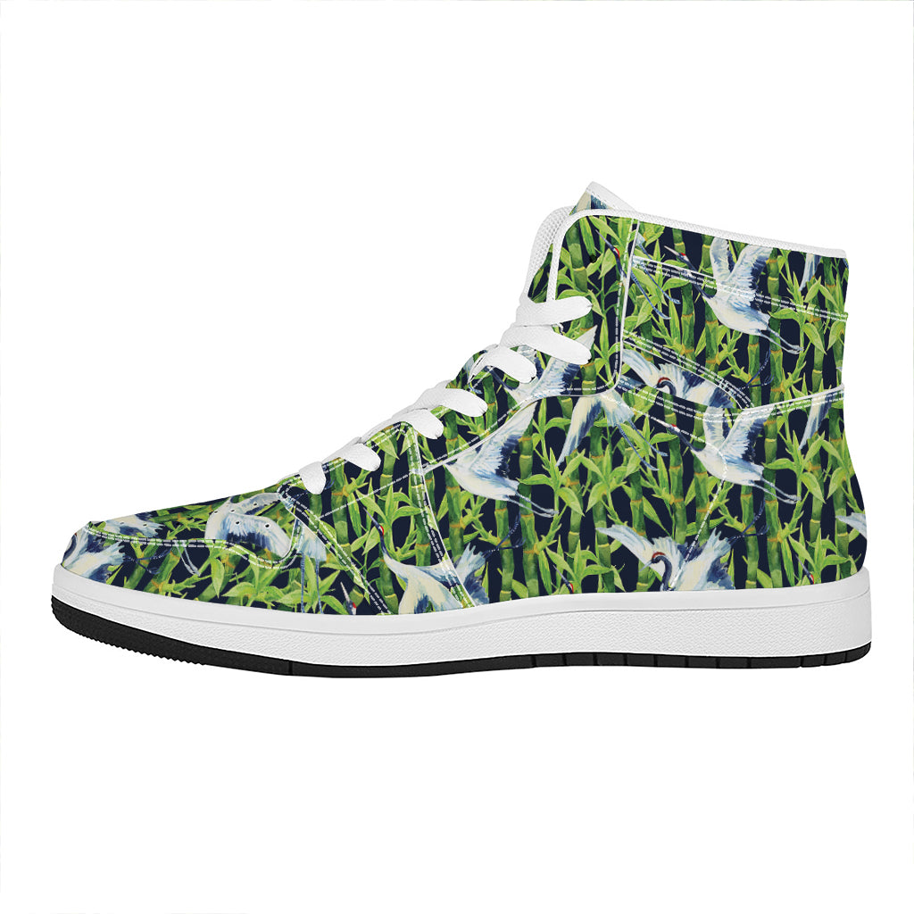 Watercolor Crane Bird Pattern Print High Top Leather Sneakers