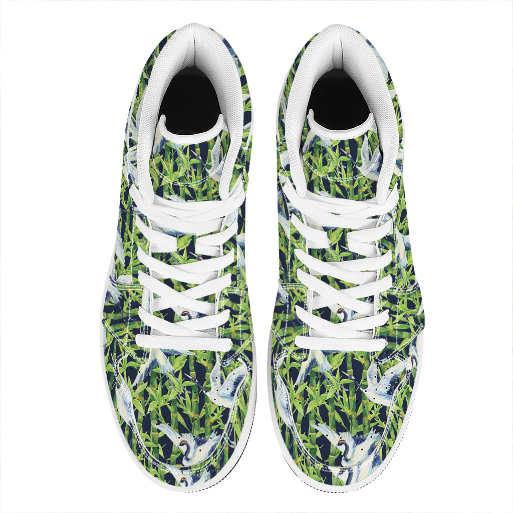 Watercolor Crane Bird Pattern Print High Top Leather Sneakers