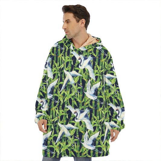 Watercolor Crane Bird Pattern Print Hoodie Blanket