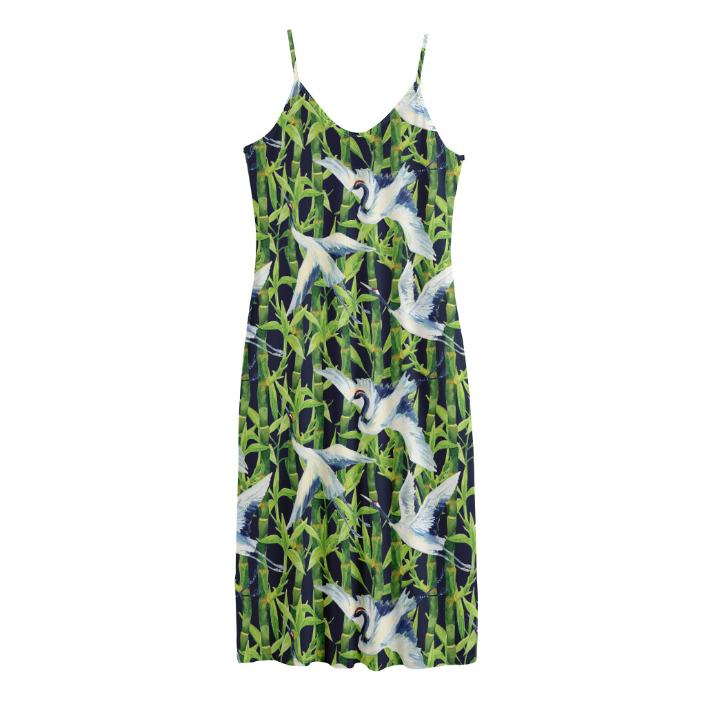 Watercolor Crane Bird Pattern Print Jersey Midi Cami Dress