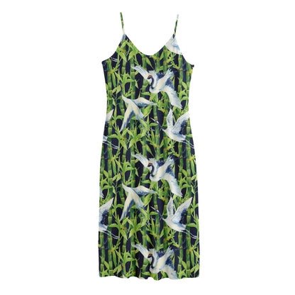 Watercolor Crane Bird Pattern Print Jersey Midi Cami Dress