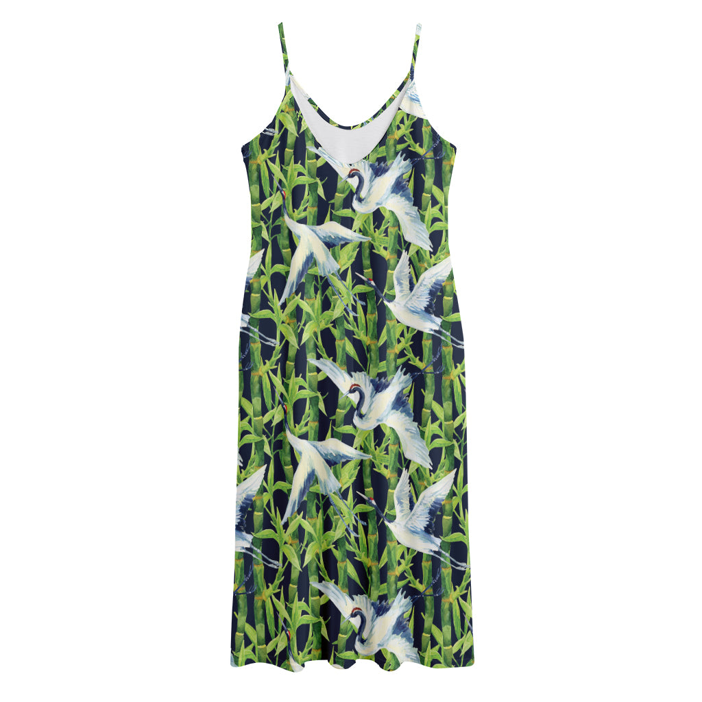 Watercolor Crane Bird Pattern Print Jersey Midi Cami Dress