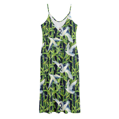 Watercolor Crane Bird Pattern Print Jersey Midi Cami Dress