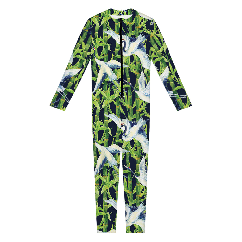 Watercolor Crane Bird Pattern Print Jumpsuit