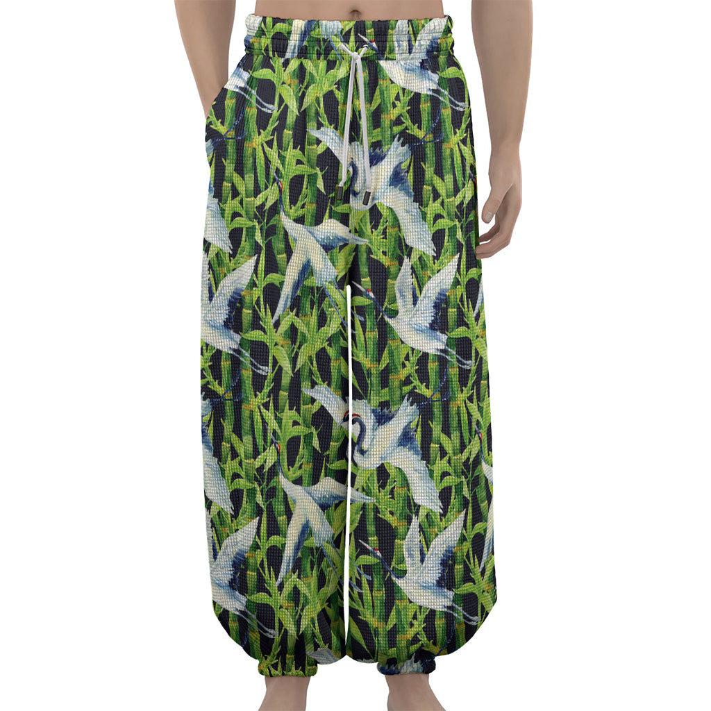 Watercolor Crane Bird Pattern Print Lantern Pants