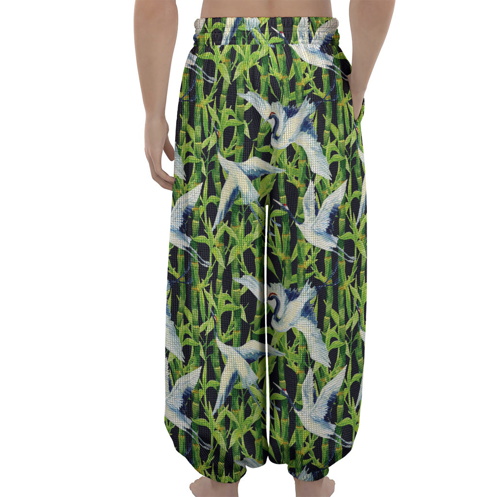 Watercolor Crane Bird Pattern Print Lantern Pants