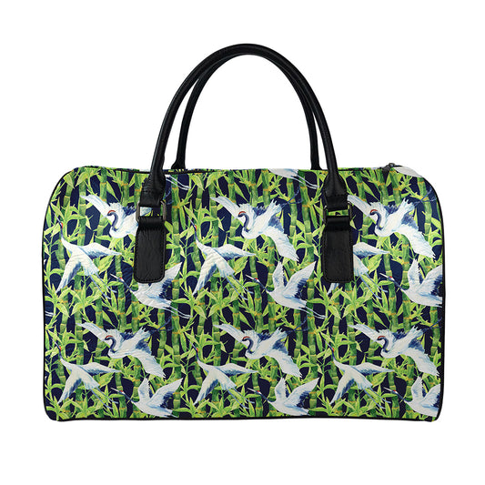 Watercolor Crane Bird Pattern Print Leather Duffle Bag
