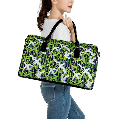 Watercolor Crane Bird Pattern Print Leather Duffle Bag