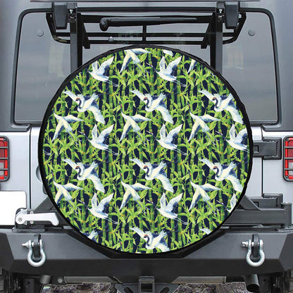 Watercolor Crane Bird Pattern Print Leather Spare Tire Cover