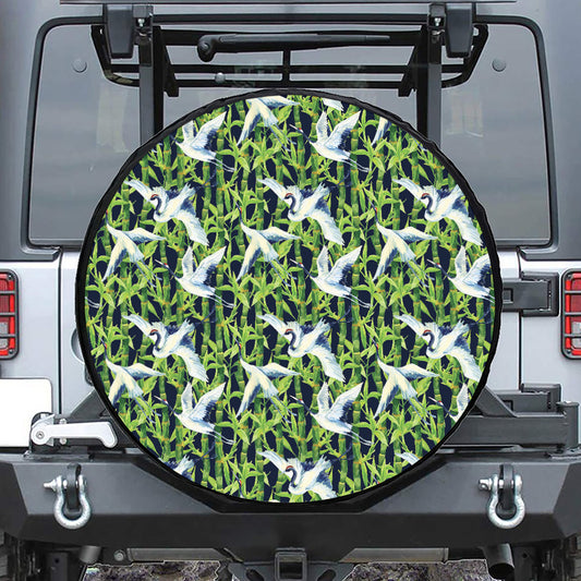 Watercolor Crane Bird Pattern Print Leather Spare Tire Cover