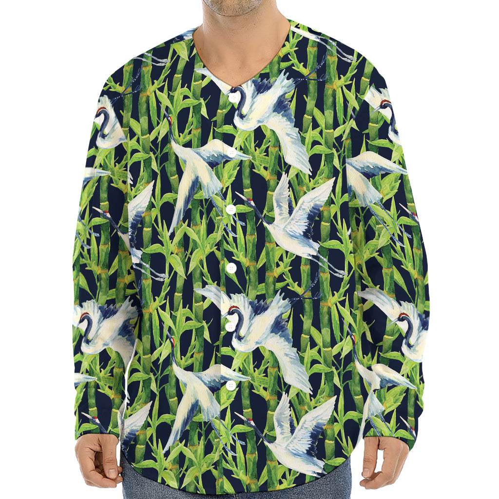 Watercolor Crane Bird Pattern Print Long Sleeve Baseball Jersey