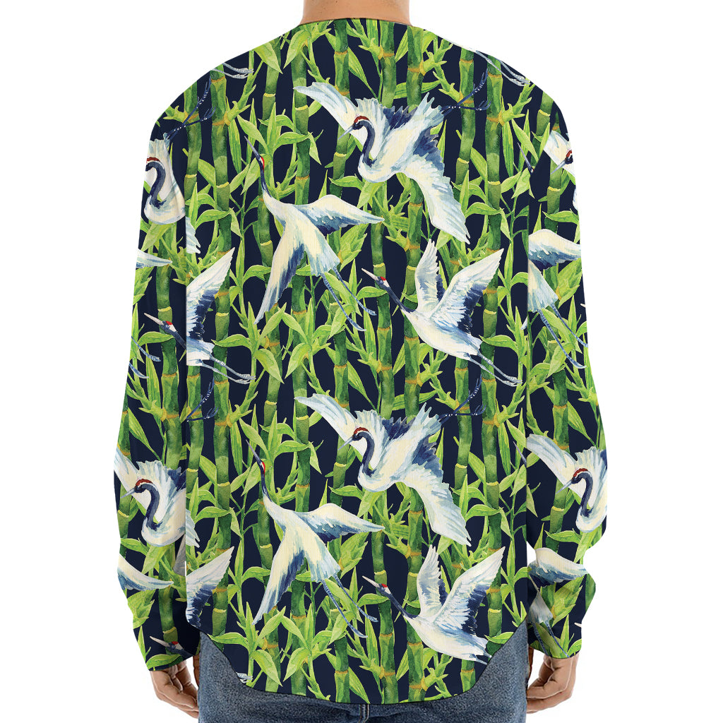 Watercolor Crane Bird Pattern Print Long Sleeve Baseball Jersey