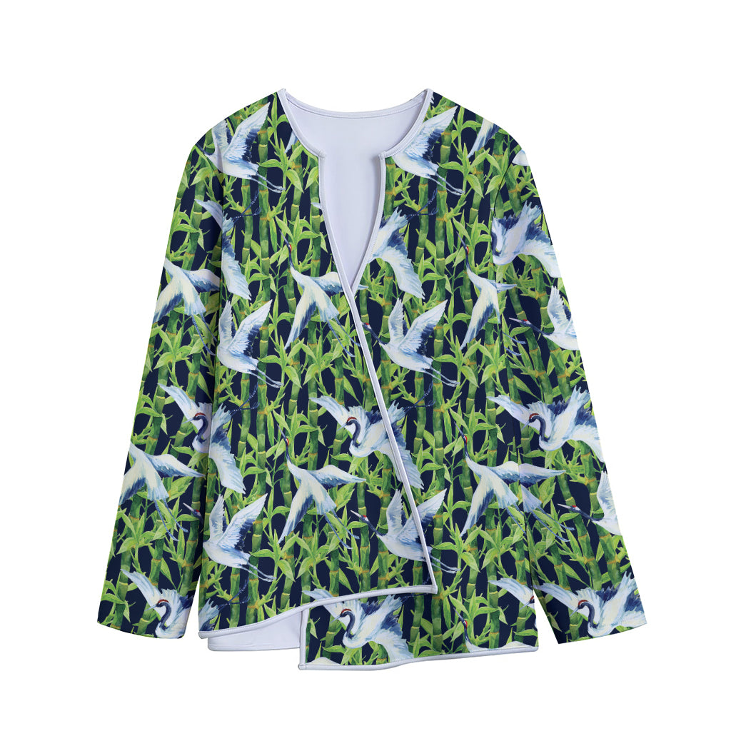 Watercolor Crane Bird Pattern Print Long Sleeve Short Coat