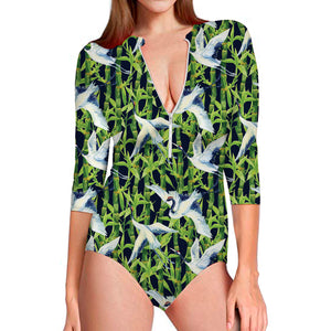 Watercolor Crane Bird Pattern Print Long Sleeve Swimsuit