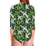 Watercolor Crane Bird Pattern Print Long Sleeve Swimsuit