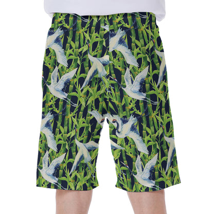 Watercolor Crane Bird Pattern Print Men's Beach Shorts