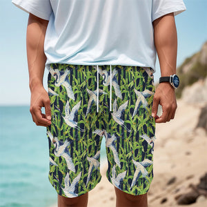 Watercolor Crane Bird Pattern Print Men's Cargo Shorts