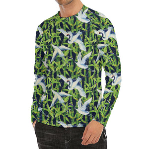 Watercolor Crane Bird Pattern Print Men's Long Sleeve Rash Guard