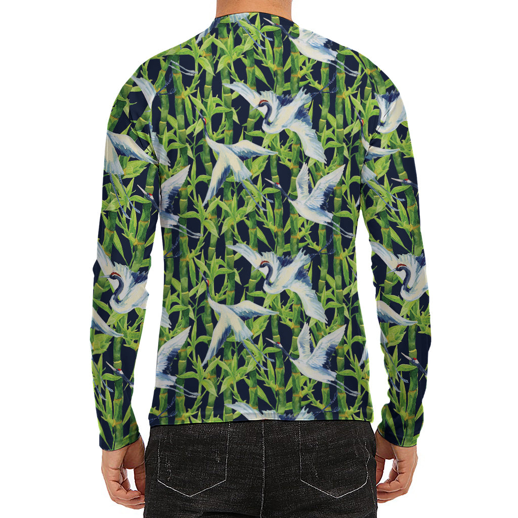 Watercolor Crane Bird Pattern Print Men's Long Sleeve Rash Guard