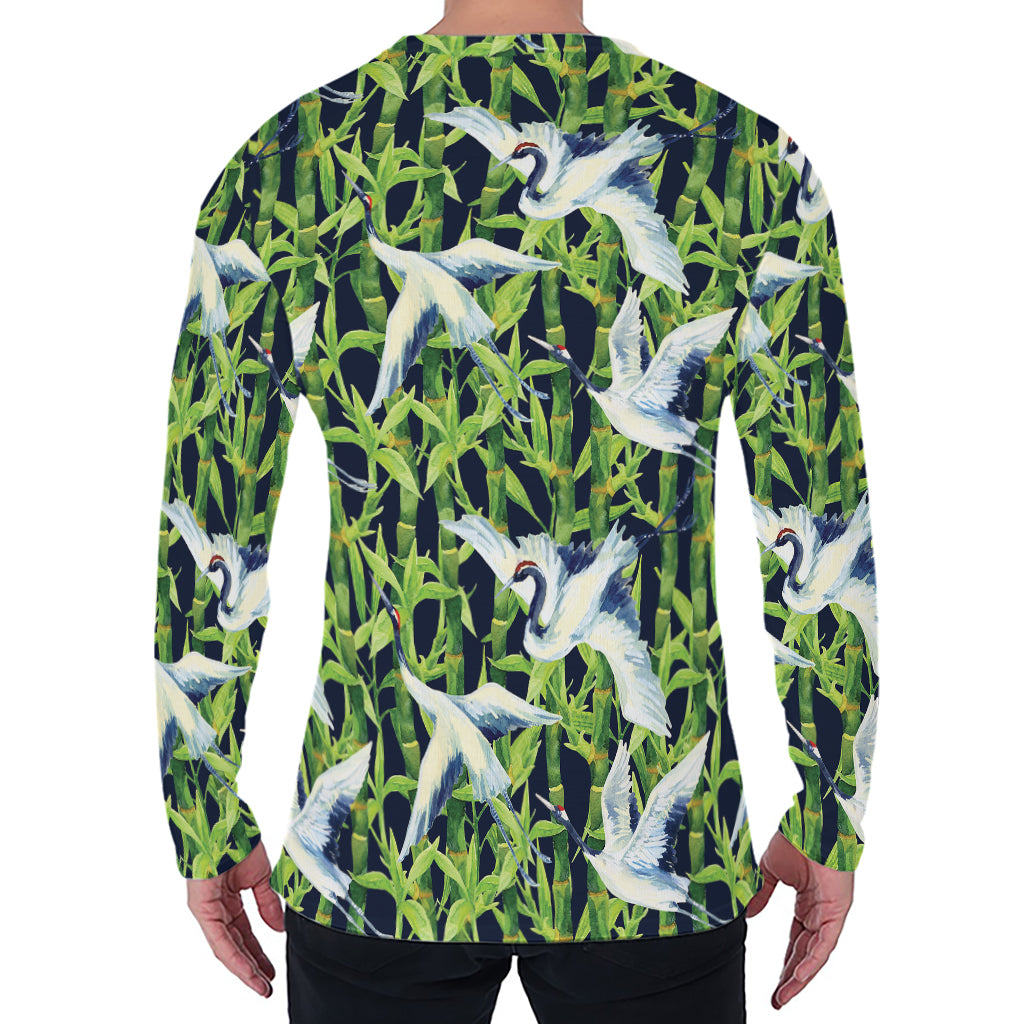 Watercolor Crane Bird Pattern Print Men's Long Sleeve T-Shirt