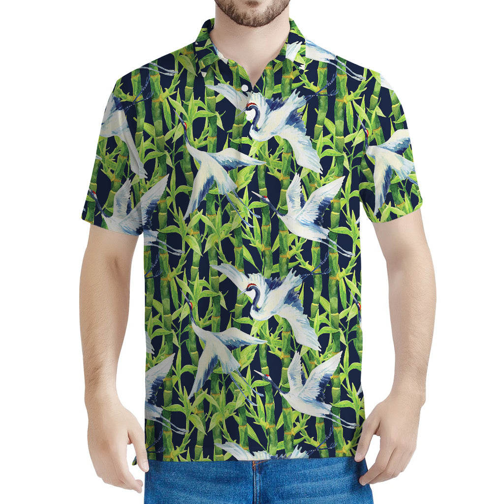 Watercolor Crane Bird Pattern Print Men's Polo Shirt