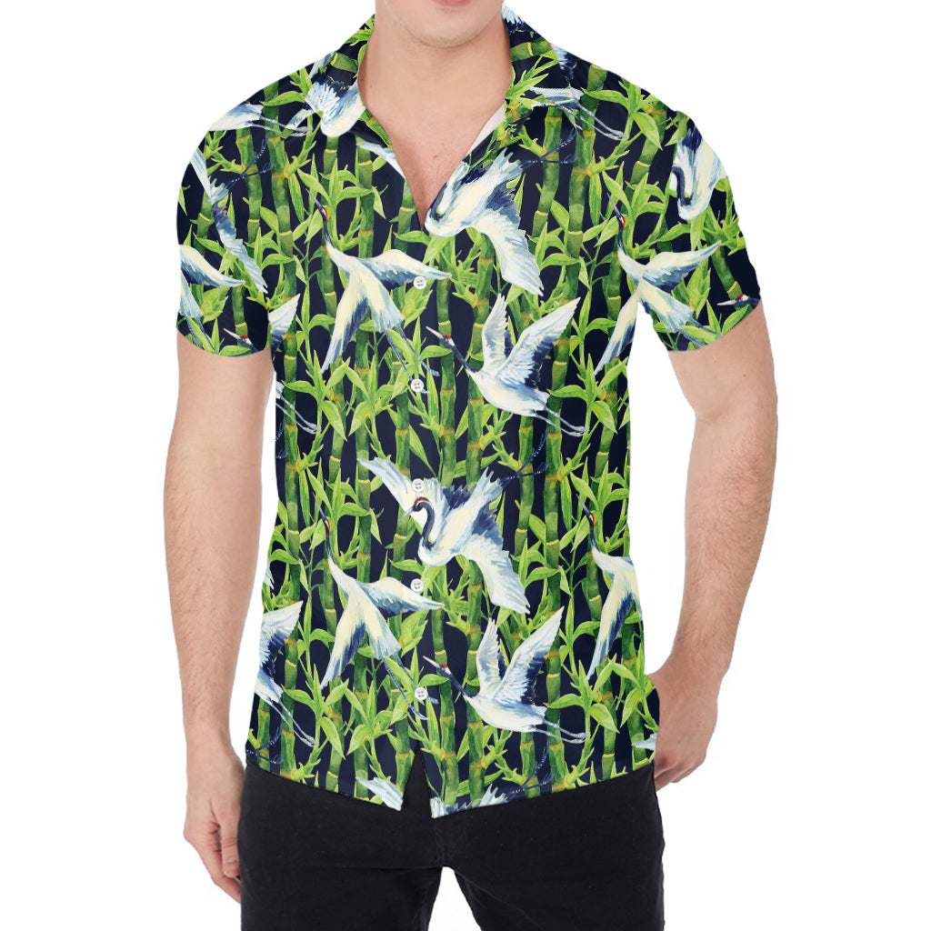 Watercolor Crane Bird Pattern Print Men's Shirt