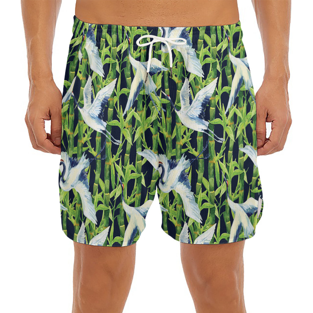 Watercolor Crane Bird Pattern Print Men's Split Running Shorts