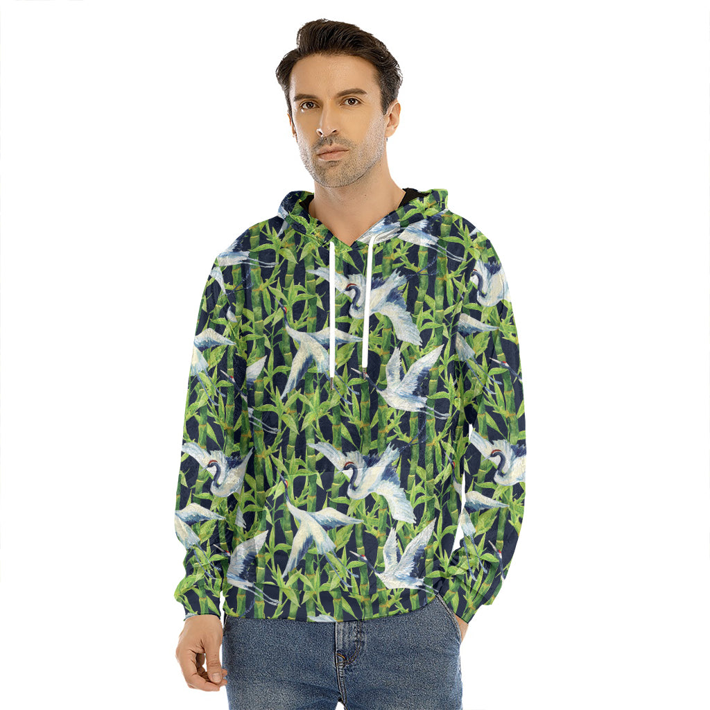 Watercolor Crane Bird Pattern Print Men's Velvet Pullover Hoodie