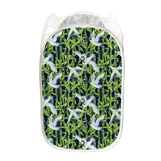 Watercolor Crane Bird Pattern Print Mesh Laundry Hamper