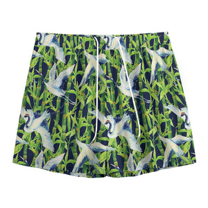 Watercolor Crane Bird Pattern Print Mesh Shorts