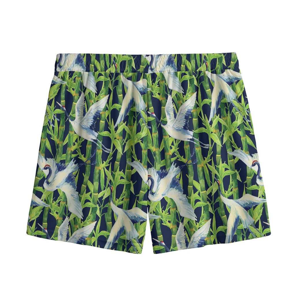 Watercolor Crane Bird Pattern Print Mesh Shorts