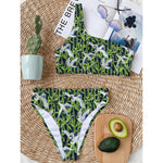 Watercolor Crane Bird Pattern Print One Shoulder Bikini Top