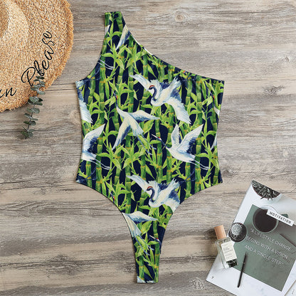 Watercolor Crane Bird Pattern Print One Shoulder Bodysuit
