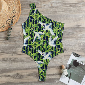 Watercolor Crane Bird Pattern Print One Shoulder Bodysuit