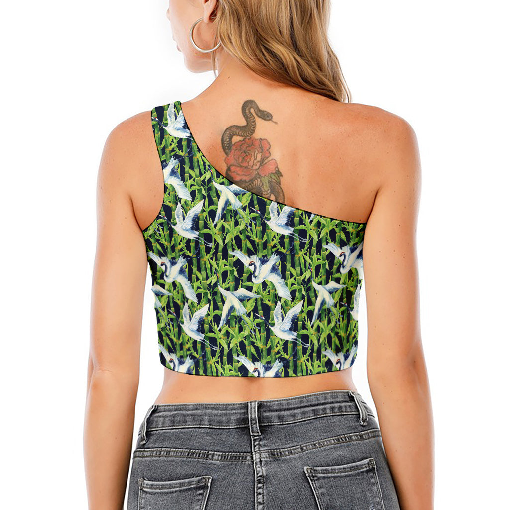 Watercolor Crane Bird Pattern Print One Shoulder Crop Top