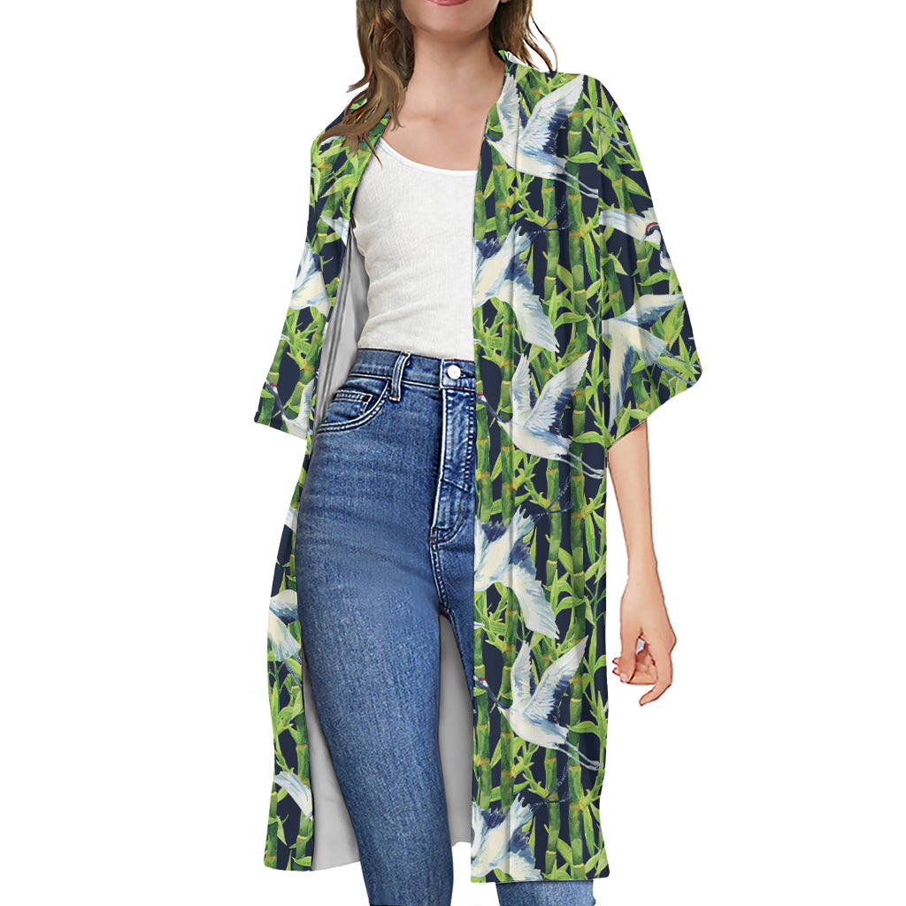 Watercolor Crane Bird Pattern Print Open Front Beach Cover Up