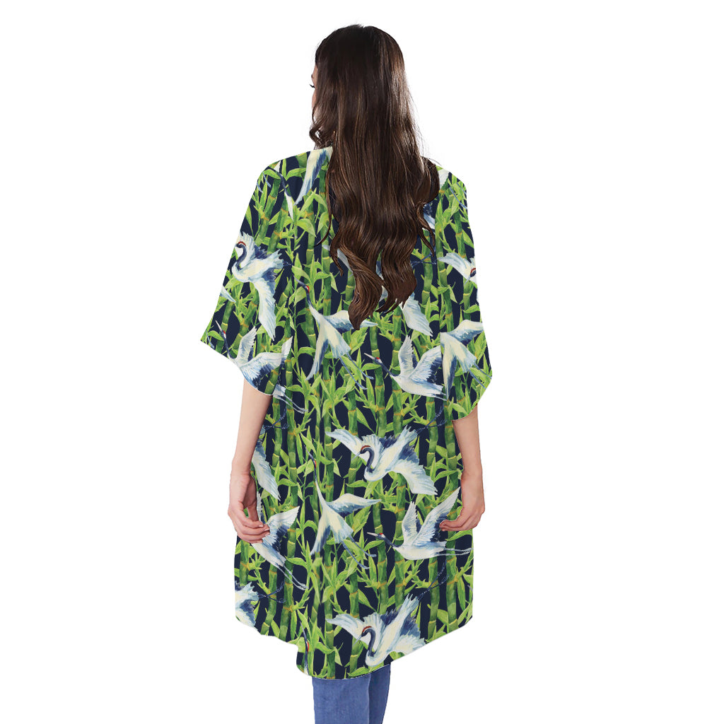 Watercolor Crane Bird Pattern Print Open Front Beach Cover Up