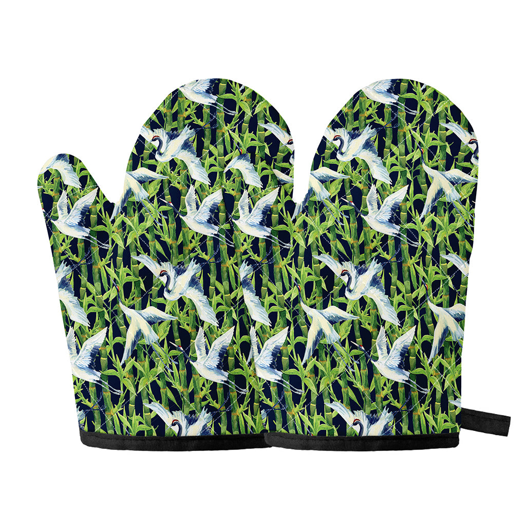 Watercolor Crane Bird Pattern Print Oven Mitts