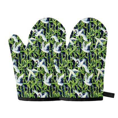 Watercolor Crane Bird Pattern Print Oven Mitts