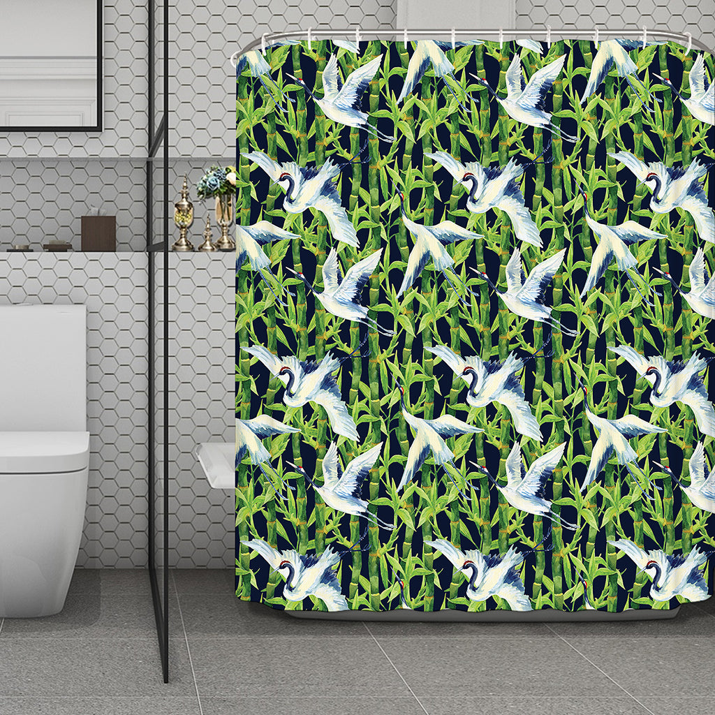 Watercolor Crane Bird Pattern Print Polyester Shower Curtain