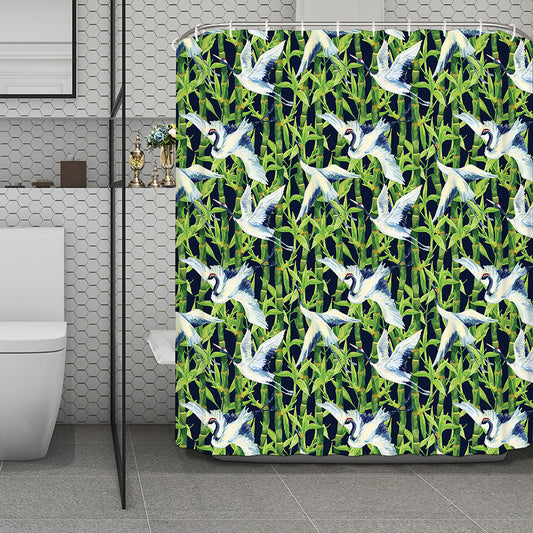 Watercolor Crane Bird Pattern Print Polyester Shower Curtain
