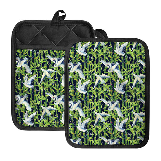 Watercolor Crane Bird Pattern Print Pot Holders With Pocket